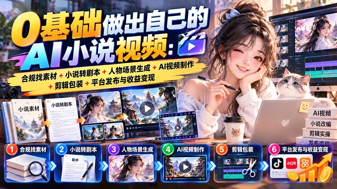 0基础做出自己的AI小说视频：合规找素材+小说转剧本+人物场景生成+AI视频制作+剪辑包装+平台发布与收益变现-筑梦轻创网