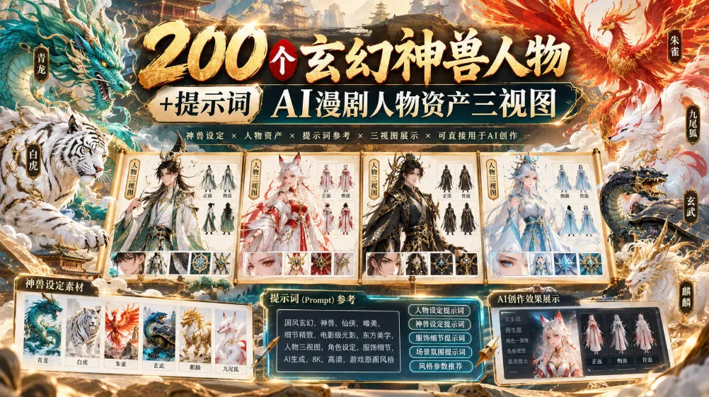 200个玄幻神兽人物+提示词ai漫剧人物资产三视图-筑梦轻创网