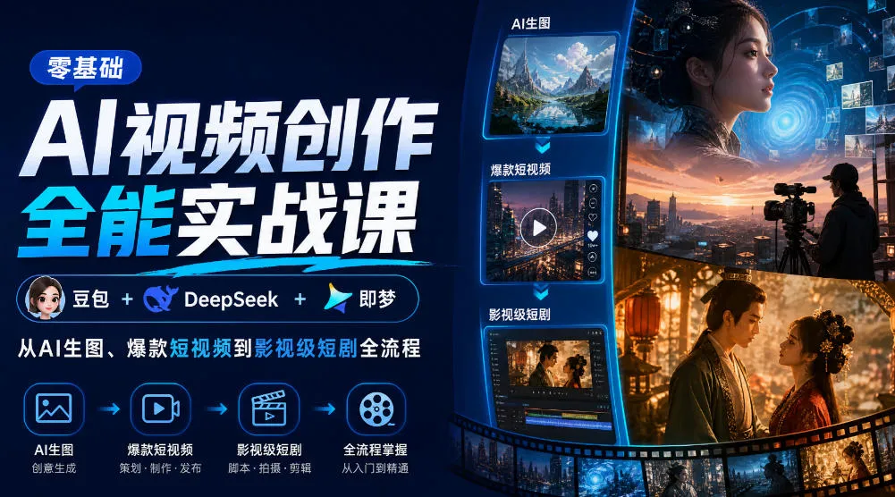 零基础AI视频创作全能实战课｜豆包+DeepSeek+即梦，从AI生图、爆款短视频到影视级短剧全流程-筑梦轻创网