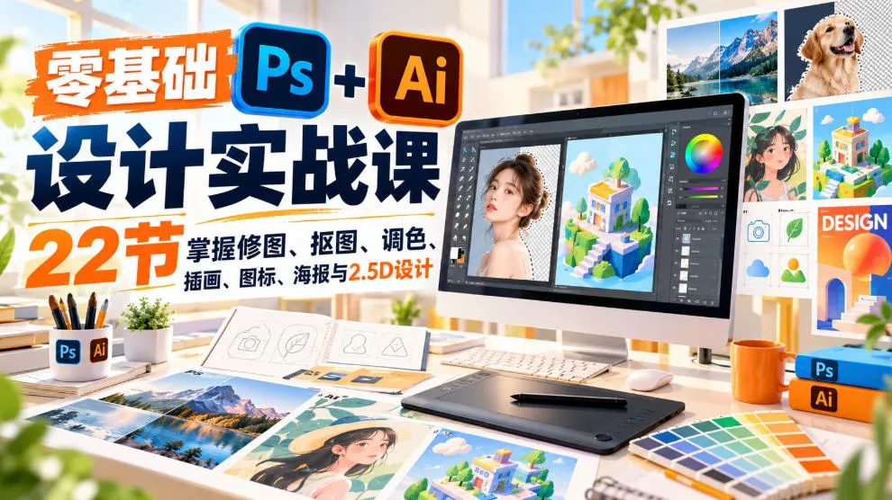 【无水印】零基础PS+AI设计实战课｜22节掌握修图、抠图、调色、插画、图标、海报与2.5D设计-筑梦轻创网